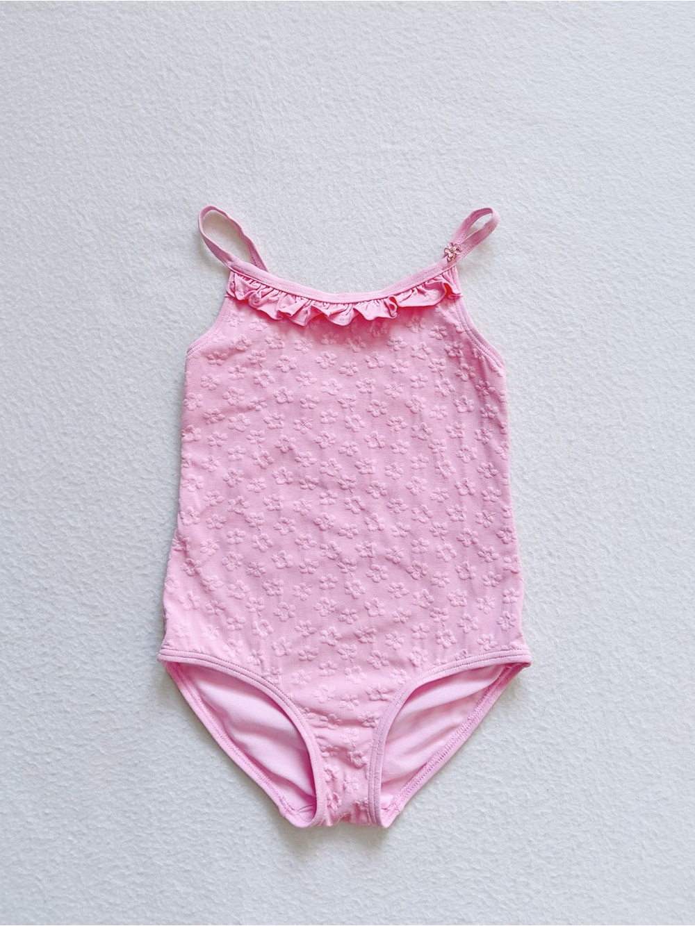 H&M Toddler Girl One Piece Swimsuit Pink Textured Floral Ruffle Sweet Beach 3/4T